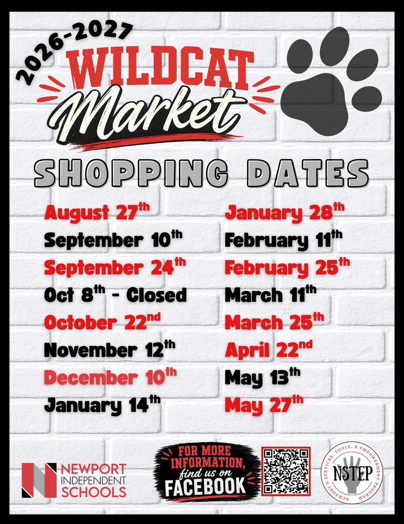 Wildcat Market 2026–2027 shopping dates flyer with a white brick background, red, black, and gray lettering, and a Wildcat paw print. Shopping dates are listed from August 27, 2026 through May 27, 2027. October 8 is marked closed. The flyer includes a QR code and information for Newport Independent Schools.