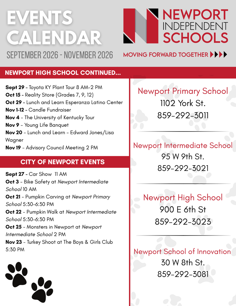 Continuation of the Newport Independent Schools Events Calendar for September through November 2026. Includes additional Newport High School events, City of Newport community events, and contact information for Newport Primary, Newport Intermediate, Newport High School, and Newport School of Innovation.