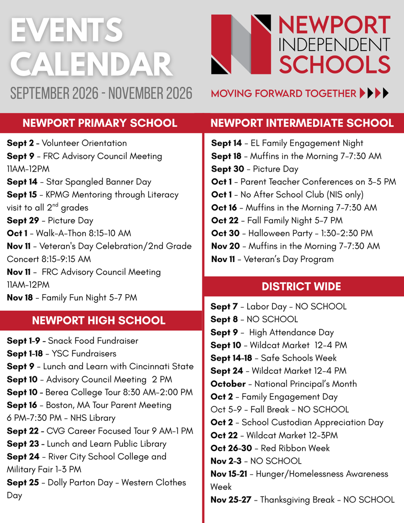 Newport Independent Schools Events Calendar for September through November 2026. Calendar includes events and activities for Newport Primary School, Newport Intermediate School, Newport High School, and district-wide events, including volunteer orientation, family engagement nights, picture days, Walk-A-Thon, Wildcat Market dates, Fall Family Night, Red Ribbon Week, and school breaks.