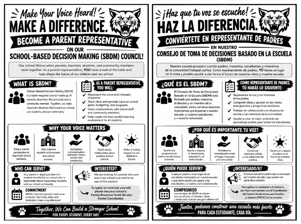 Contact your Family Resource Youth Service Center coordinator for information about becoming a parent representative on our school-based decision-making council (SBDM)
