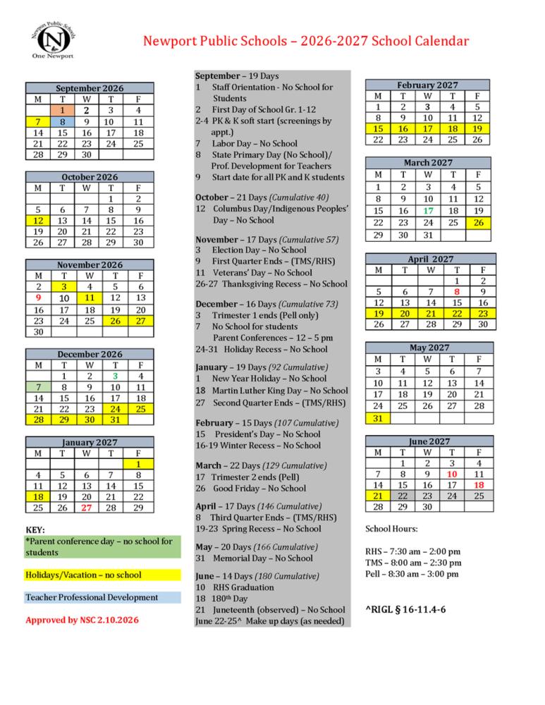 2026-2027 School Year Calendar