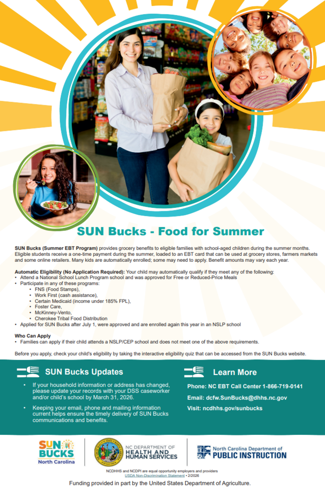 SUN Bucks - provides grocery benefits to eligible families with school-aged children during the summer months.