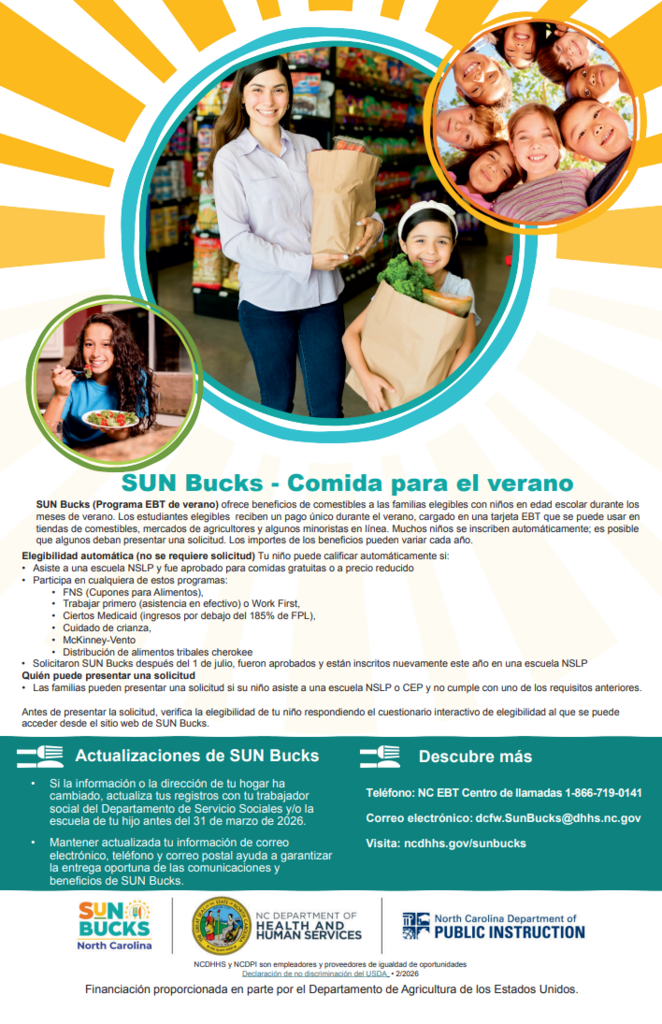 SUN Bucks - provides grocery benefits to eligible families with school-aged children during the summer months.