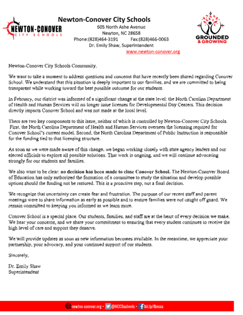 Letter for Conover School