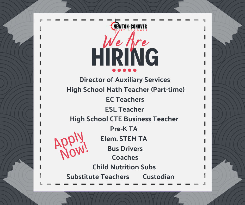 We are hiring.  Director of Auxilliary Services, High school math teacher (part-time), EC Teachers, ESL Teachers, High School CTE Business Teacher, Pre-K TA, Elem. STEM TA, Bus drivers, Coaches, Child Nutrtion subs, substitute teachers, custodian