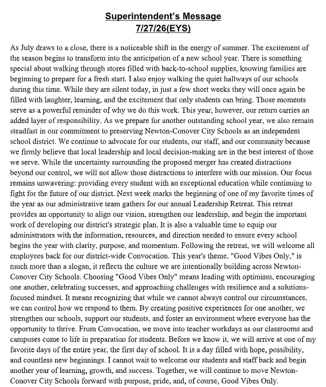 superintendents message 7.27.2026