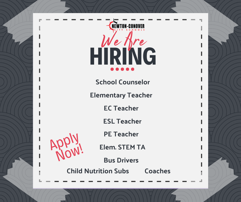 We are hiring. School counselor, elementary teacher, EC teacher, ESL teacher, PE teacher, Elem. STEM TA, bus drivers, child nutrition subs, and coaches. Apply now.