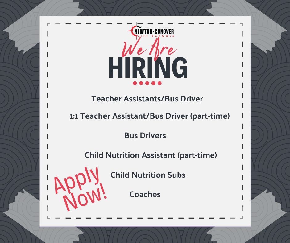 We are hiring  - Teacher assistants/bus driver, 1:1 Teacher Assistant/bus driver (part time), bus drivers, child nutrition assistant (part-time), child nutrition subs, coaches