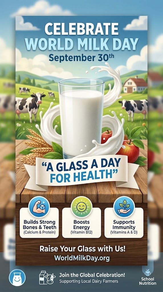 Celebrate World Milk Day - September 30th. A Glass a Day for Health. Builds Strong Bones and teeth (calcium and protein). Boosts Energey (vitamin B12), Support Immunity (Vitamin A & D). Join the Global Celebration. Supporting Local Dairy Farmers.