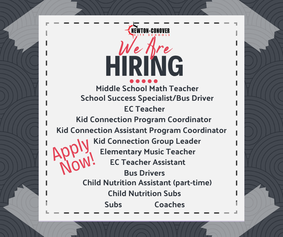 We are hiring - Middle School Math Teacher, School Success Specialist/bus driver, ec teacher, kid connection program coordinator, kid connection assistant program coordinator, kid connection group leader, elementary music teacher, ec teacher assistant, bus drivers, child nutrition assistant (part time), child nutrtion subs, subs, coaches