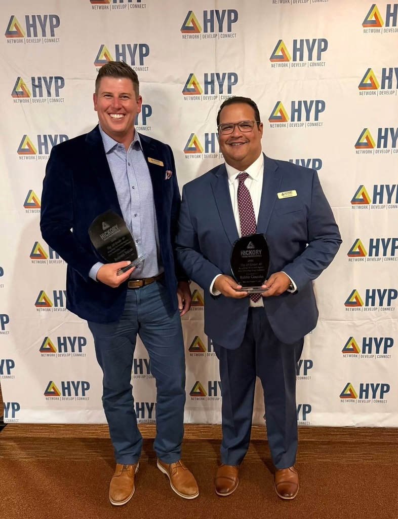 Ben Jenkins and Robbie Gonzales being recognized from the Hickory Young Professionals Top 10 under 40 Awards from last night at Catawba Country Club.