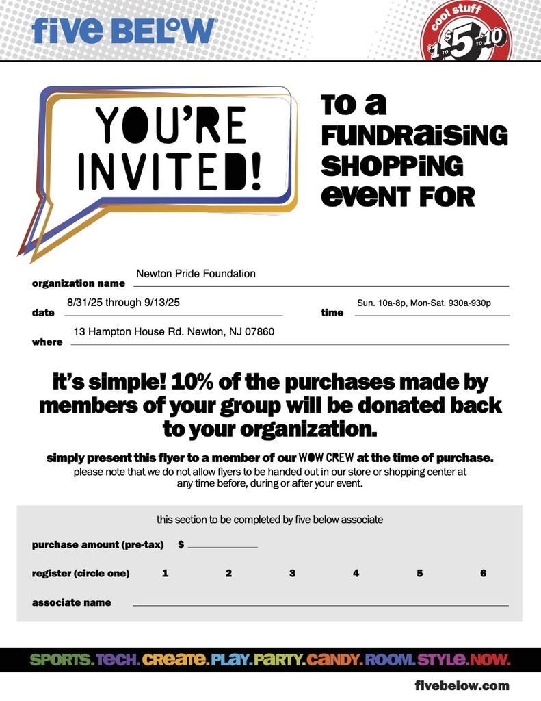 FIVE BELOW FUNDRAISER 8/31-9/14- 10% donated back to Newton Pride