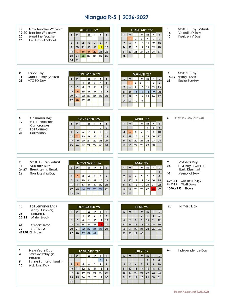 2026-2027 Niangua R-V District Calendar