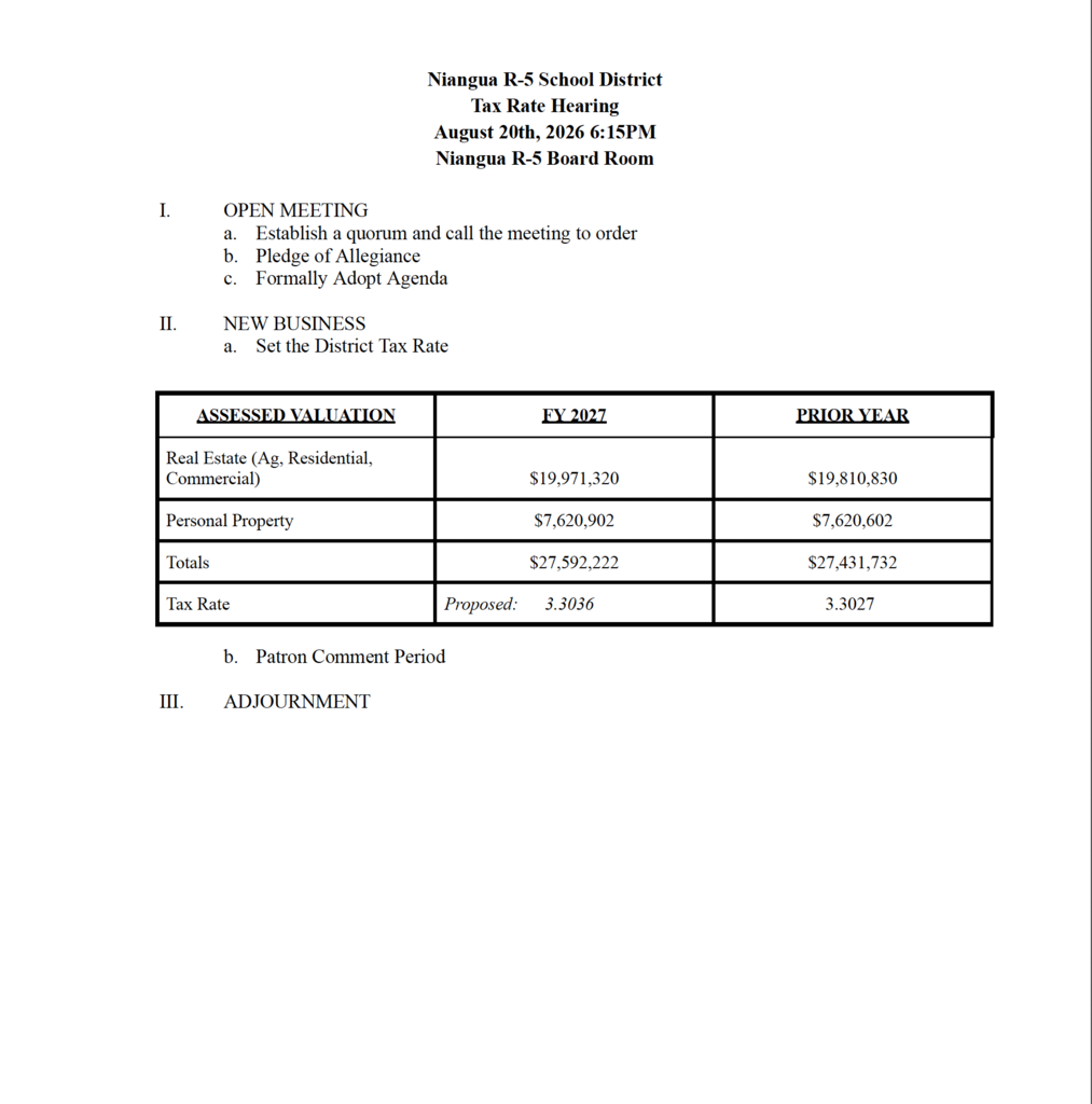 Tax Rate Hearing, August 20th, 2026 at 6:15 PM
