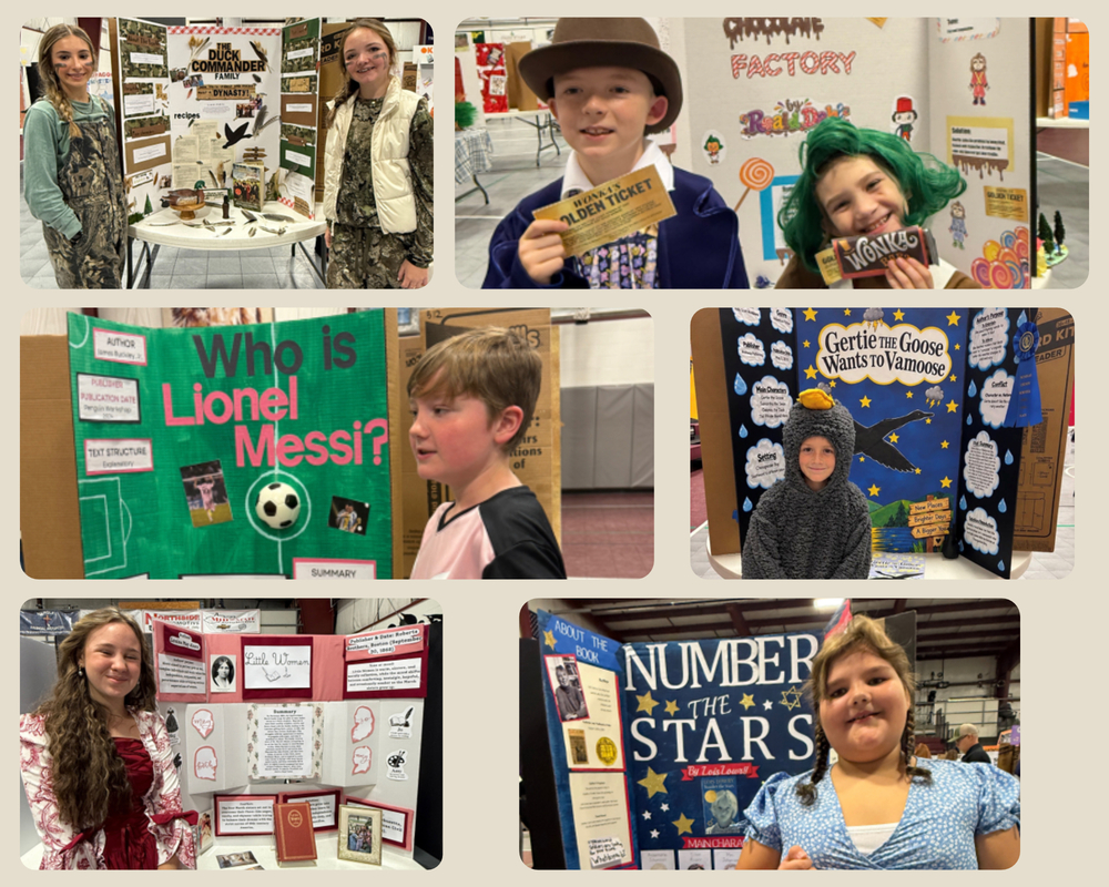 Collage of six photos from a student book-character and biography project showcase. In the top left, a student stands beside a display about Duck Commander featuring outdoor-themed artifacts. In the top right, two students in costume pose in front of a Charlie and the Chocolate Factory display, holding a golden ticket and a chocolate bar. In the middle left, a student presents a biography board titled “Who Is Lionel Messi?” with soccer-themed graphics. In the middle right, a student dressed as a goose sits in front of a display for Gertie the Goose Wants to Vamoose. In the bottom left, a student in period clothing stands beside a display about Little Women. In the bottom right, a student poses in front of a display for Number the Stars. The exhibit highlights student research, reading projects, and creative character representations.