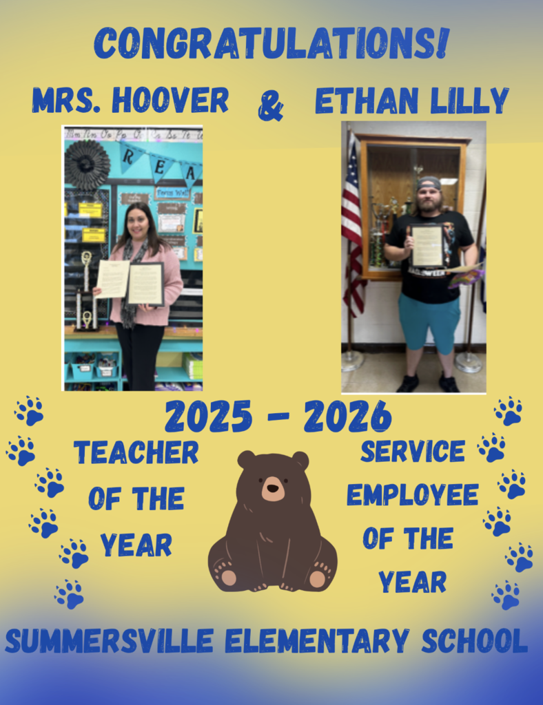 SES 2025 - 2026 Teacher of the Year and Service Employee of the Year!  Congratulations to Mrs. Hoover and Custodian, Ethan Lilly 