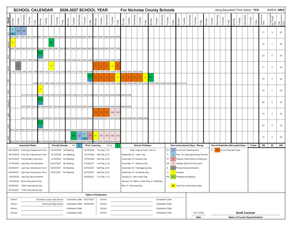 2026-2027 Approved School Calendar