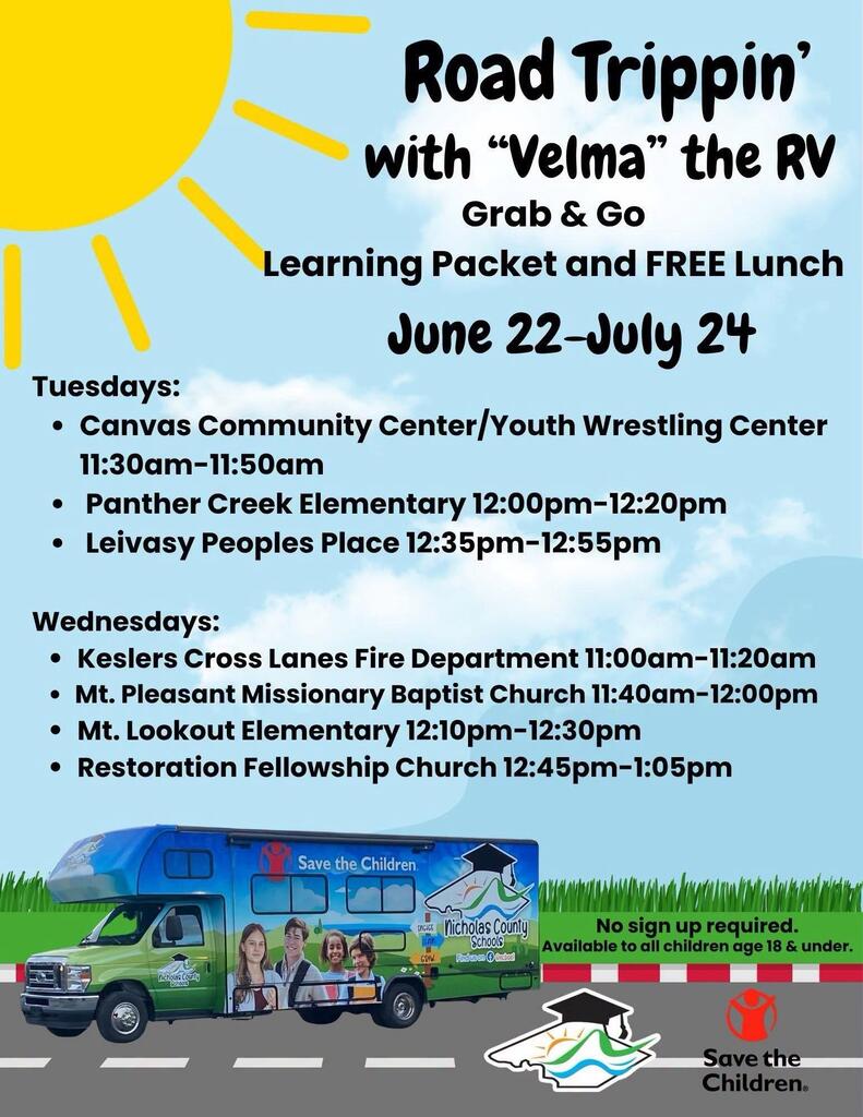Created flyer to show dates and times for Road Trippin' with "Velma" the RV