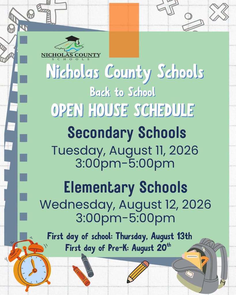 Back to school poster with dates and times for Open House at both Secondary & Elementary Schools