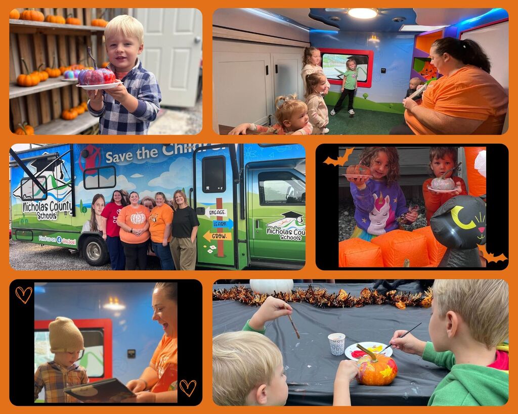 Collage of photos from a community pumpkin-painting event. Children paint and display decorated pumpkins while participating in activities inside a colorful mobile learning bus. One photo shows a child holding a painted pumpkin, another shows children listening to a story or activity inside the bus, and another features a group standing in front of a Nicholas County Schools and Save the Children mobile classroom. Additional photos show children presenting their painted pumpkins and painting designs at a decorated craft table with Halloween-themed decorations. The collage is framed with an orange background and seasonal fall accents.