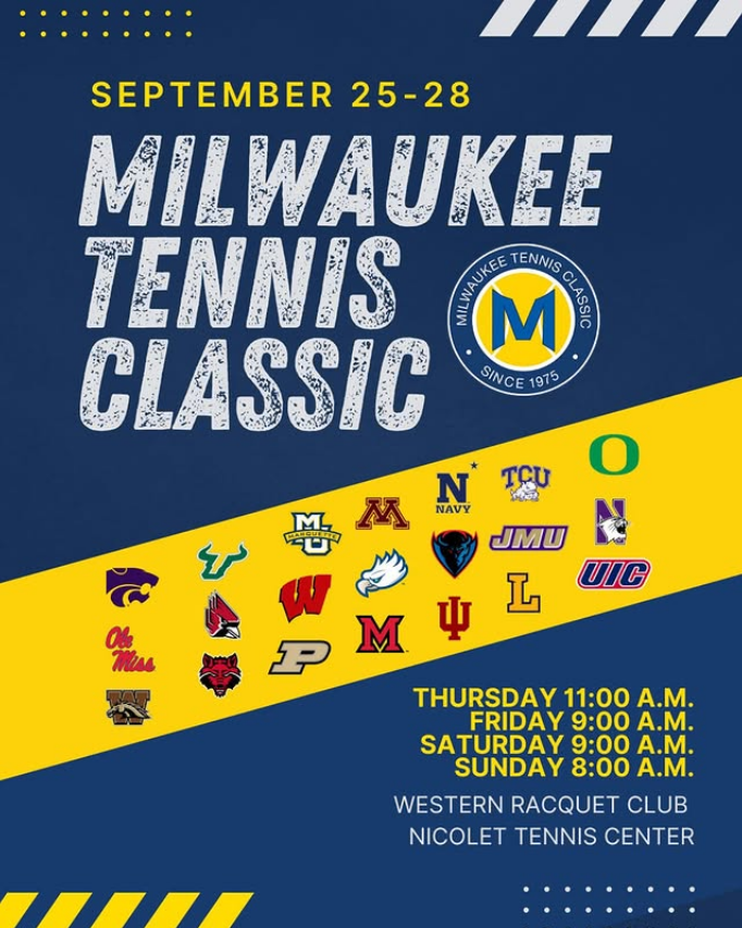 a blue and gold graphic showing the college teams