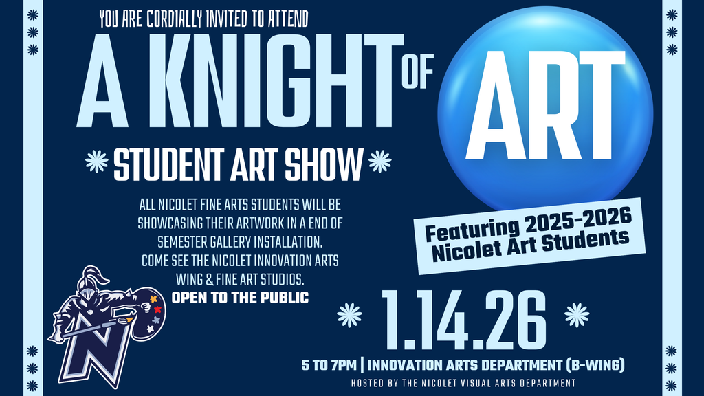 a blue & white graphic with a knight logo