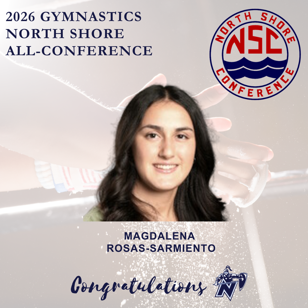 A poster for the 2026 Gymnastics North Shore All-Conference. It features a smiling woman, Magdalena Rosas-Sarmiento, in the center.