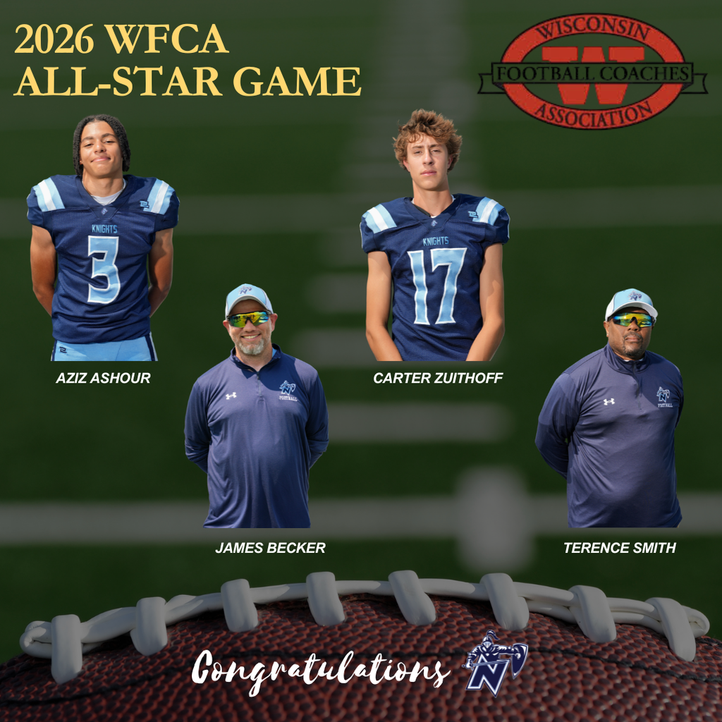 Four individuals in football uniforms stand on a green field. Two players wear blue jerseys with numbers 3 and 17. Two coaches, James Becker and Terence Smith, wear blue shirts.