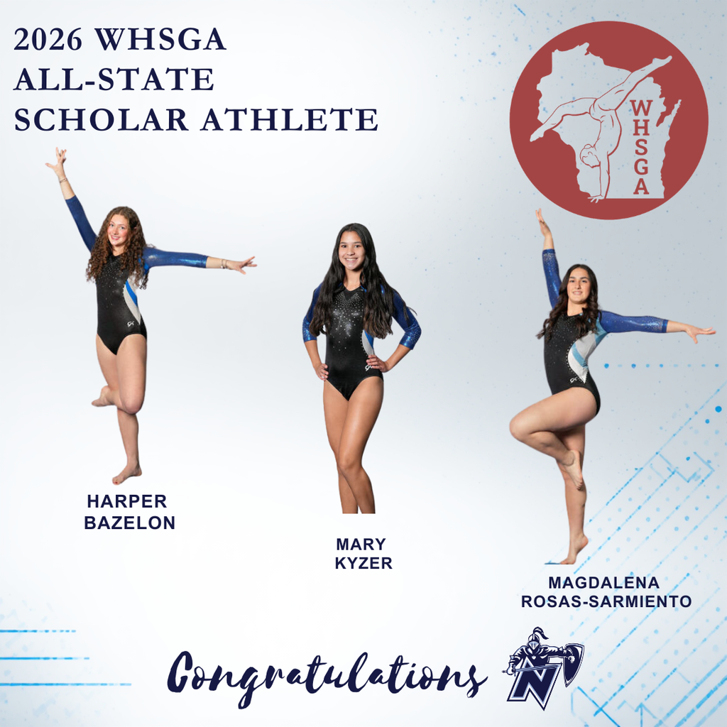 Three women in gymnastics uniforms pose with arms raised. Names at bottom read Harper Bazelon, Mary Kyzer, and Magdalena Rosas-Sarmiento.