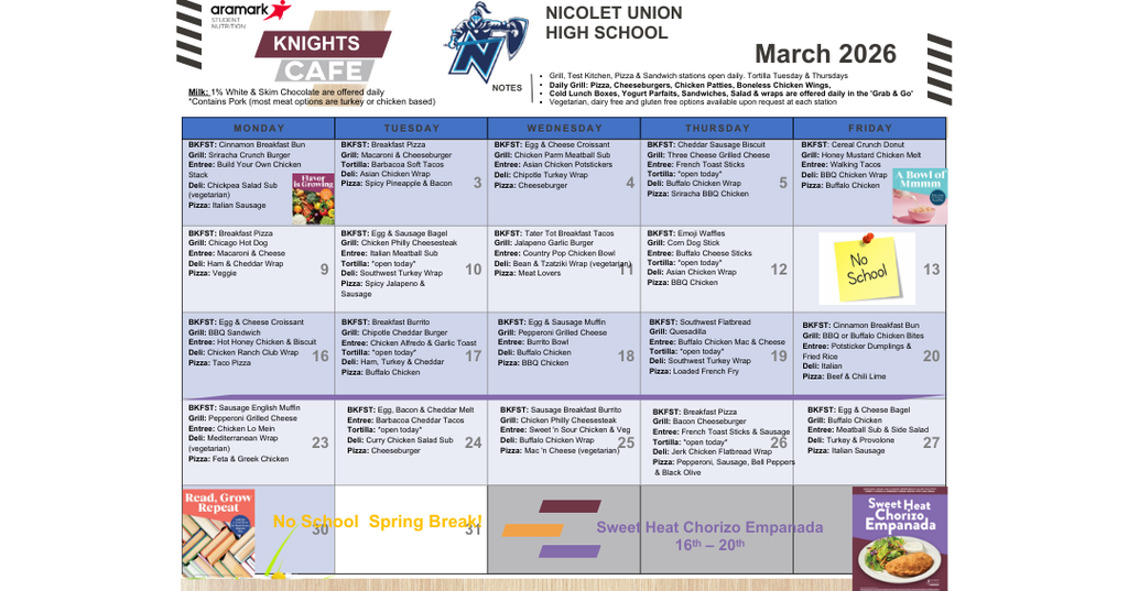 A school calendar for March 2026 with activities, a logo, and some text on the top left.
