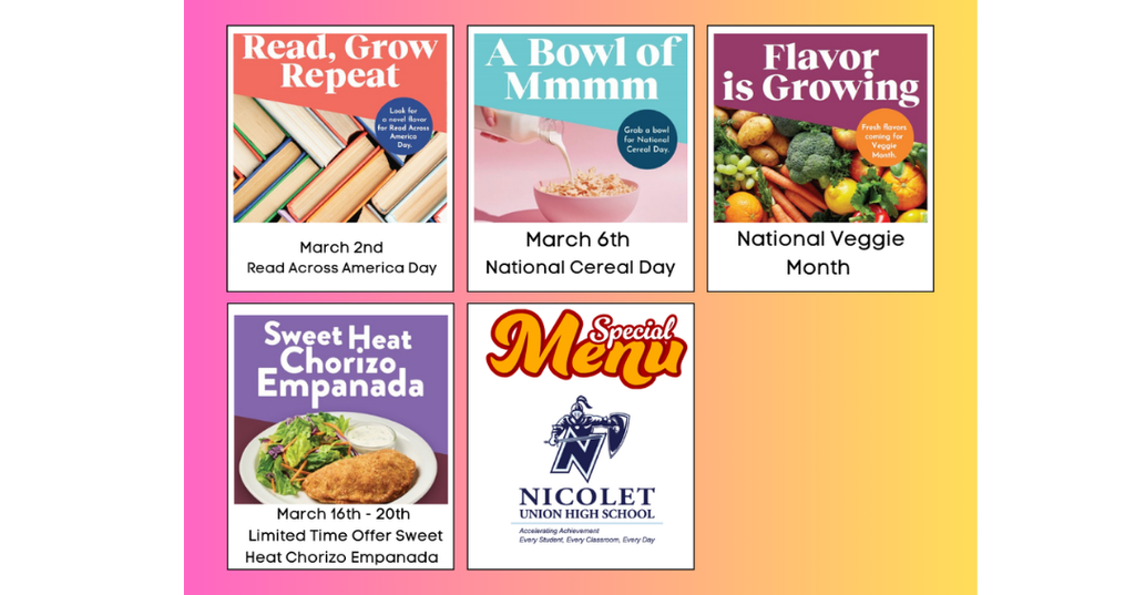 Posters for monthly events including Read Across America Day, National Cereal Day, and National Veggie Month.