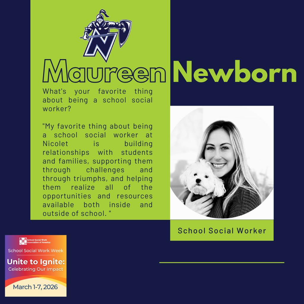 A poster highlights a social worker named Maureen Newborn, showing a smiling woman with a dog. It discusses her role in supporting students and families.