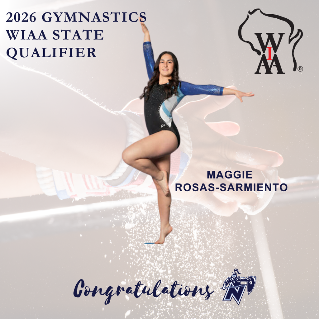 A gymnast in mid-jump with arms outstretched, wearing a blue and black leotard. Words read "Congratulations" and "Maggie Rosas-Sarmiento."