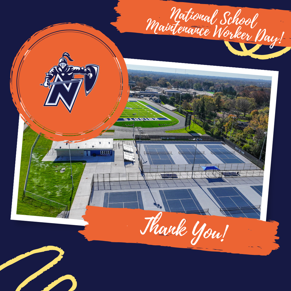 Graphic displays an aerial view of a school with a blue background. Text reads "National School Maintenance Worker Day!"