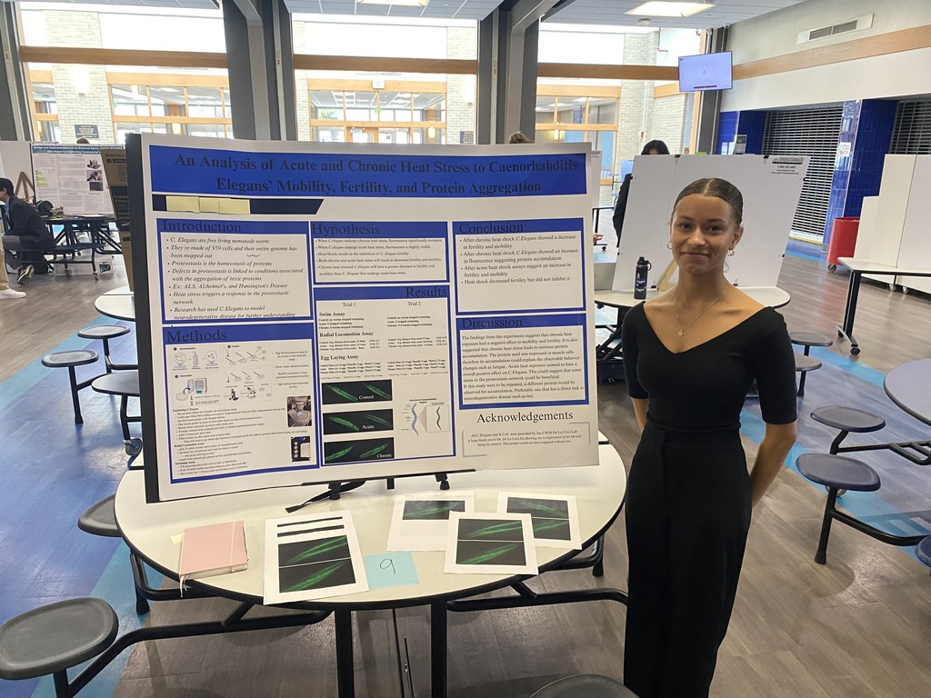 A woman in a black dress stands next to a poster on a table in a room.