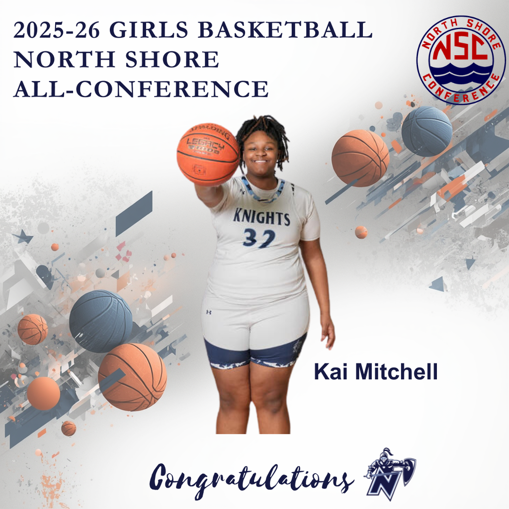 A poster with Kai Mitchell holding a basketball. The text reads "2025-26 Girls Basketball North Shore All-Conference."