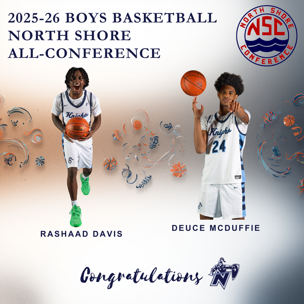 Two basketball players in jerseys with numbers, one holding a basketball, and the other shooting. Text reads: "2025-26 BOYS BASKETBALL NORTH SHORE ALL-CONFERENCE".
