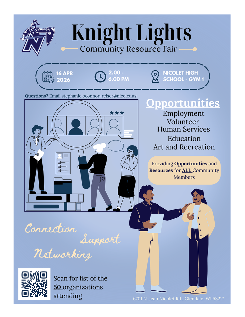 A poster with blue background lists "Knight Lights" community resource fair. It shows people networking and offers volunteer opportunities.
