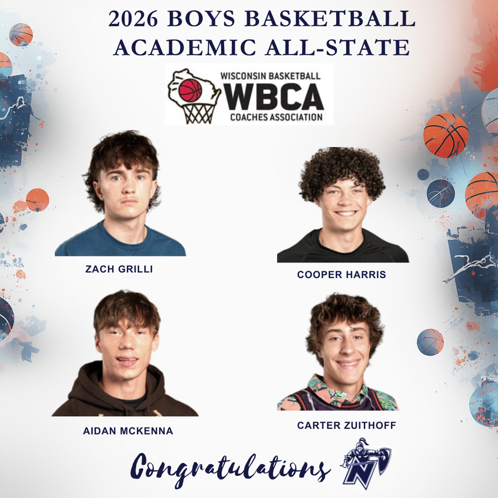 Four young men, two in blue, one in black, and one in a hoodie, are recognized for their academic and basketball achievements.