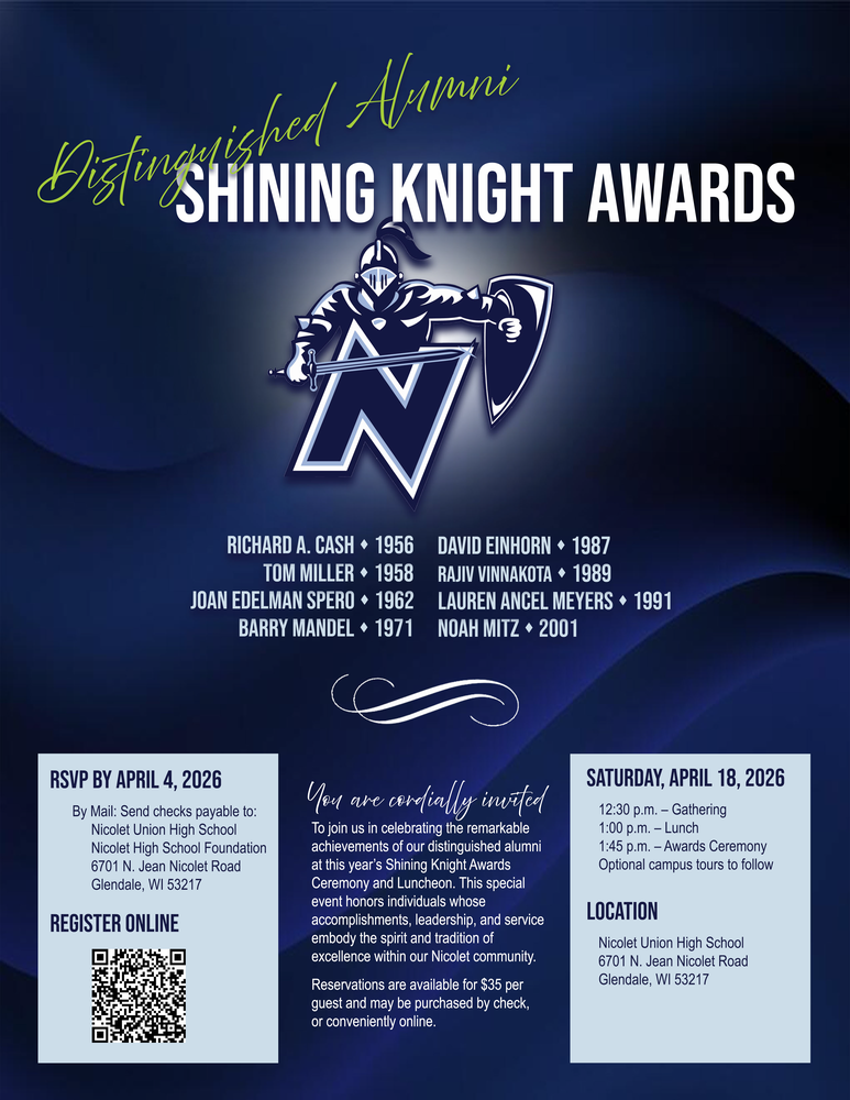 Blue and white flyer with a knight logo. The title is "Distinguished Alumni Shining Knight Awards." A list of names and years is on the flyer.