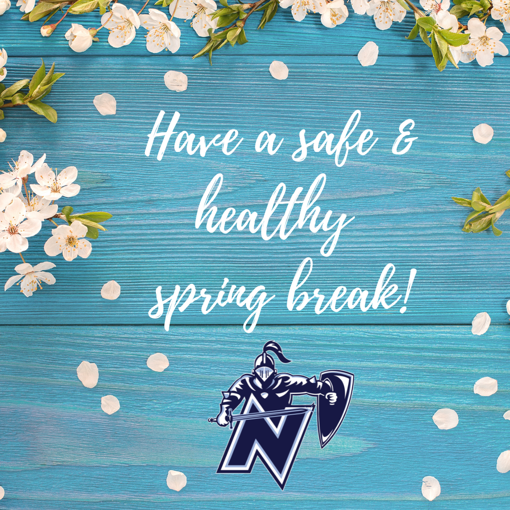 A blue background displays a wish for a safe and healthy spring break. There are flowers, leaves, and a logo with the letter "N".