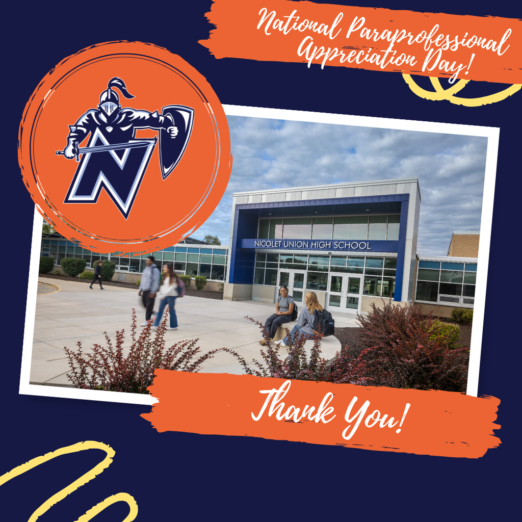 Blue and white text on an orange background. A photo of a school building with students walking outside.