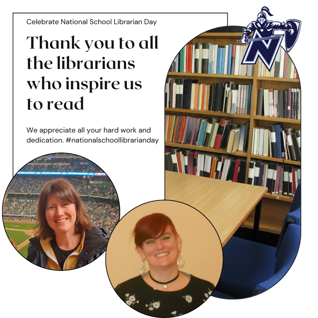 A collage featuring two smiling women, text, and a library background. The text reads, "Celebrate National School Librarian Day. Thank you to all the librarians who inspire us to read."