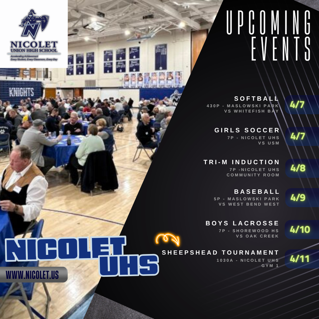 An advertisement for Nicolet High School events, listing dates and activities like softball, girls soccer, and lacrosse.