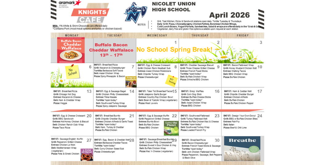 A calendar webpage displays the month of April 2026, featuring a school event, a spring break notice, and an advertisement.