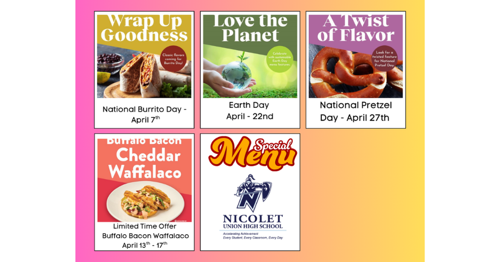 Promotional materials with titles: Wrap Up Goodness, Love the Planet, A Twist of Flavor, Butter Bacon Cheddar Waffle Taco, and Special Menu.