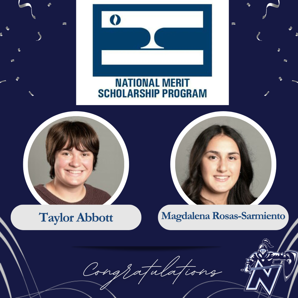 Two individuals, Taylor Abbott and Magdalena Rosas-Sarmiento, smiling, with text "National Merit Scholarship Program" above, on a blue background.