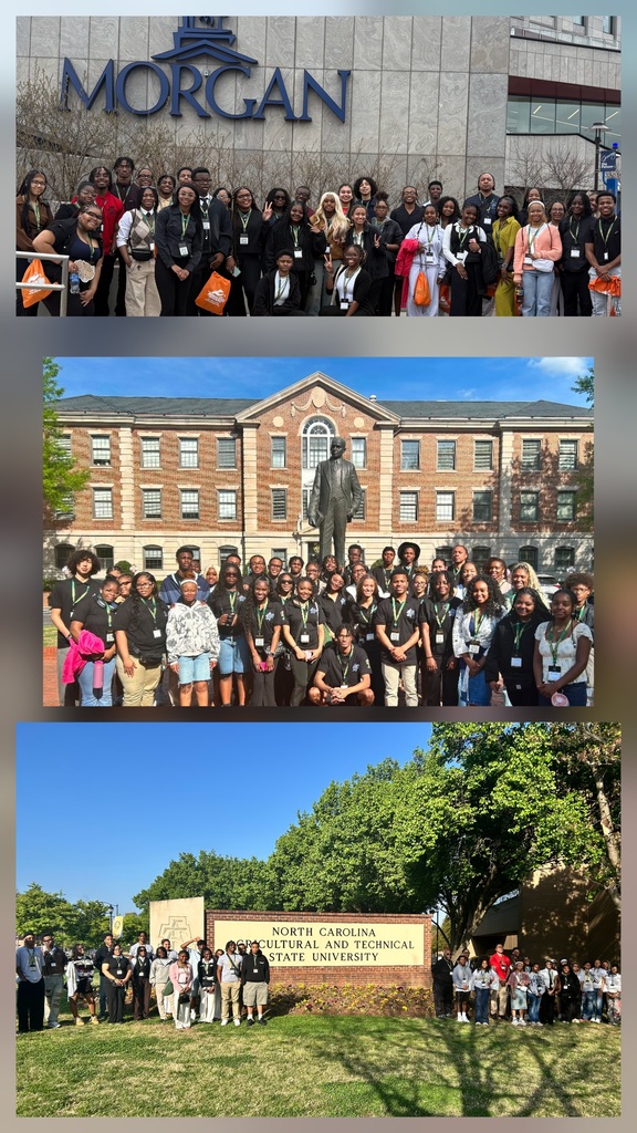 Collage of three images showing students at Morgan State University. First, a group of students in front of a sign. Second, a group in front of a statue.