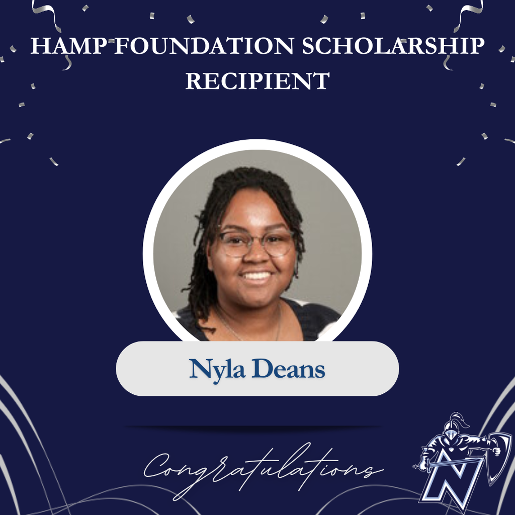 A blue background features a photo of a woman smiling. The text reads "HAMP FOUNDATION SCHOLARSHIP RECIPIENT" above the photo. Below the photo is "Nyia Deans".