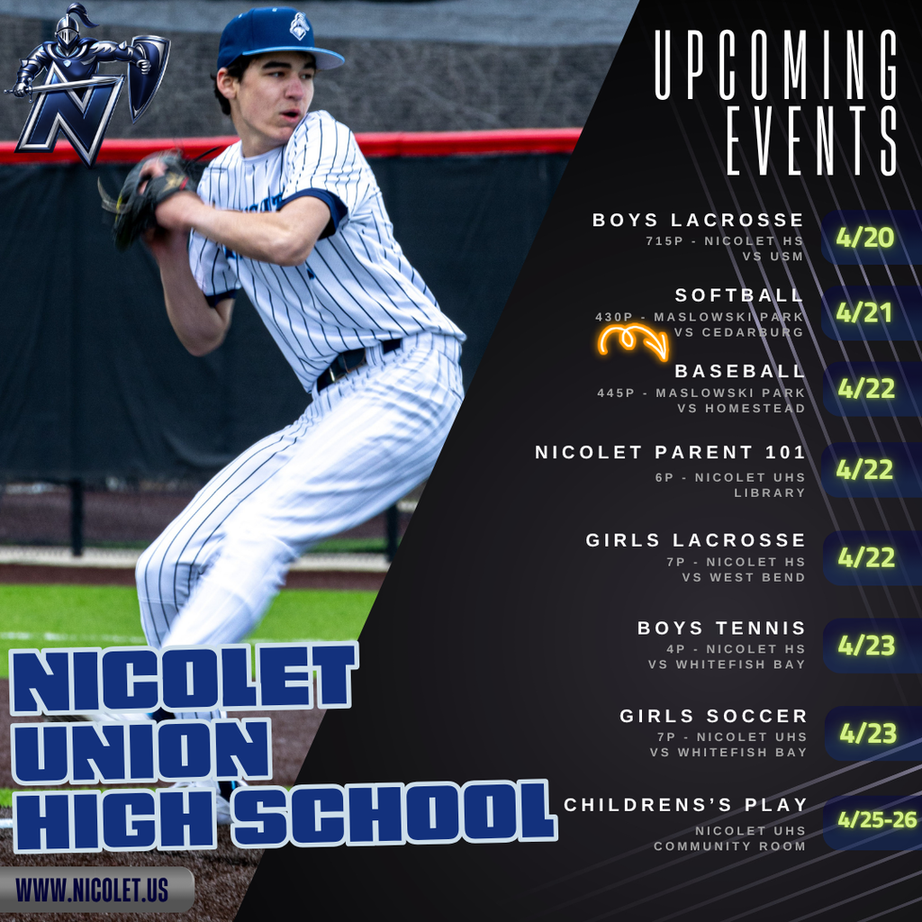 A poster for Nicolet Union High School shows a baseball player in action, with upcoming events listed.